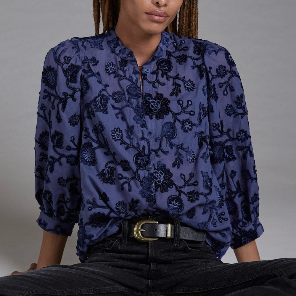 Pilcro Appliqued Blue Velvet Blouse